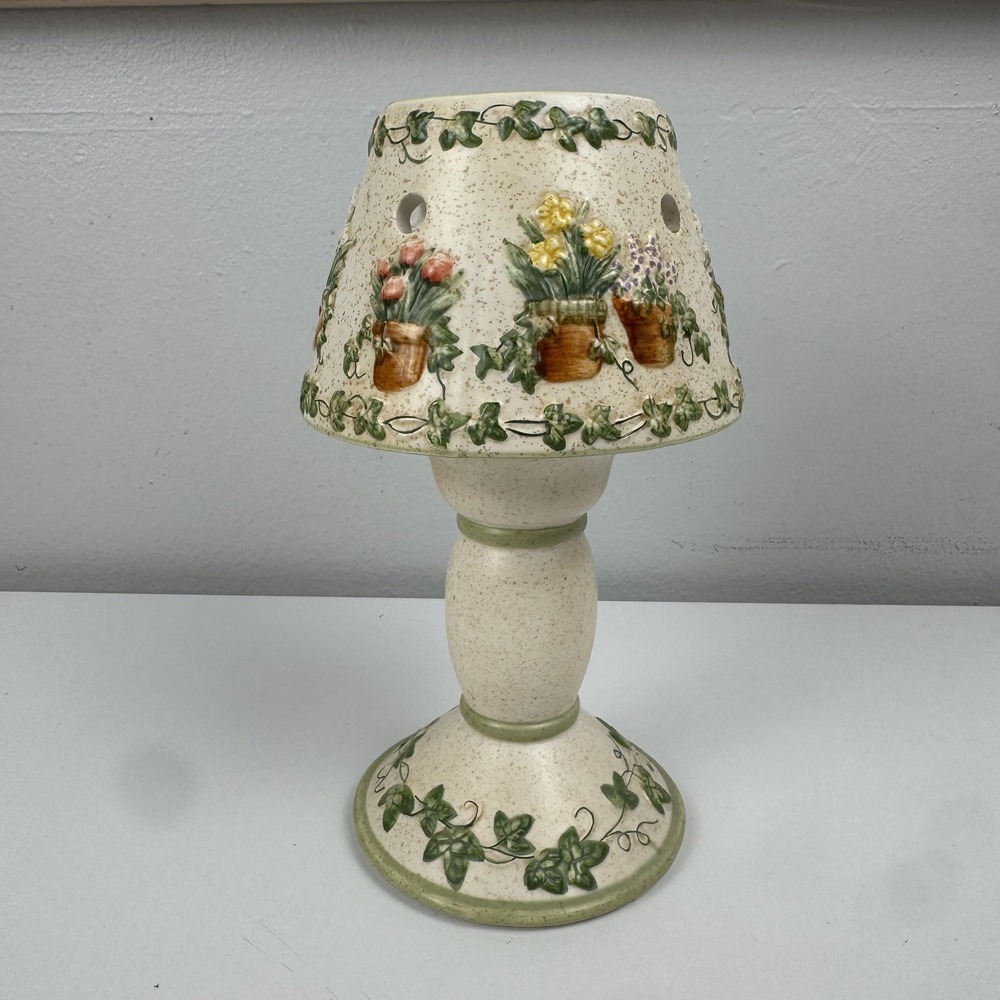 Vtg Ceramic Fairy Lamp Candle Holder Cottagecore Ivy Floral Garden Decor